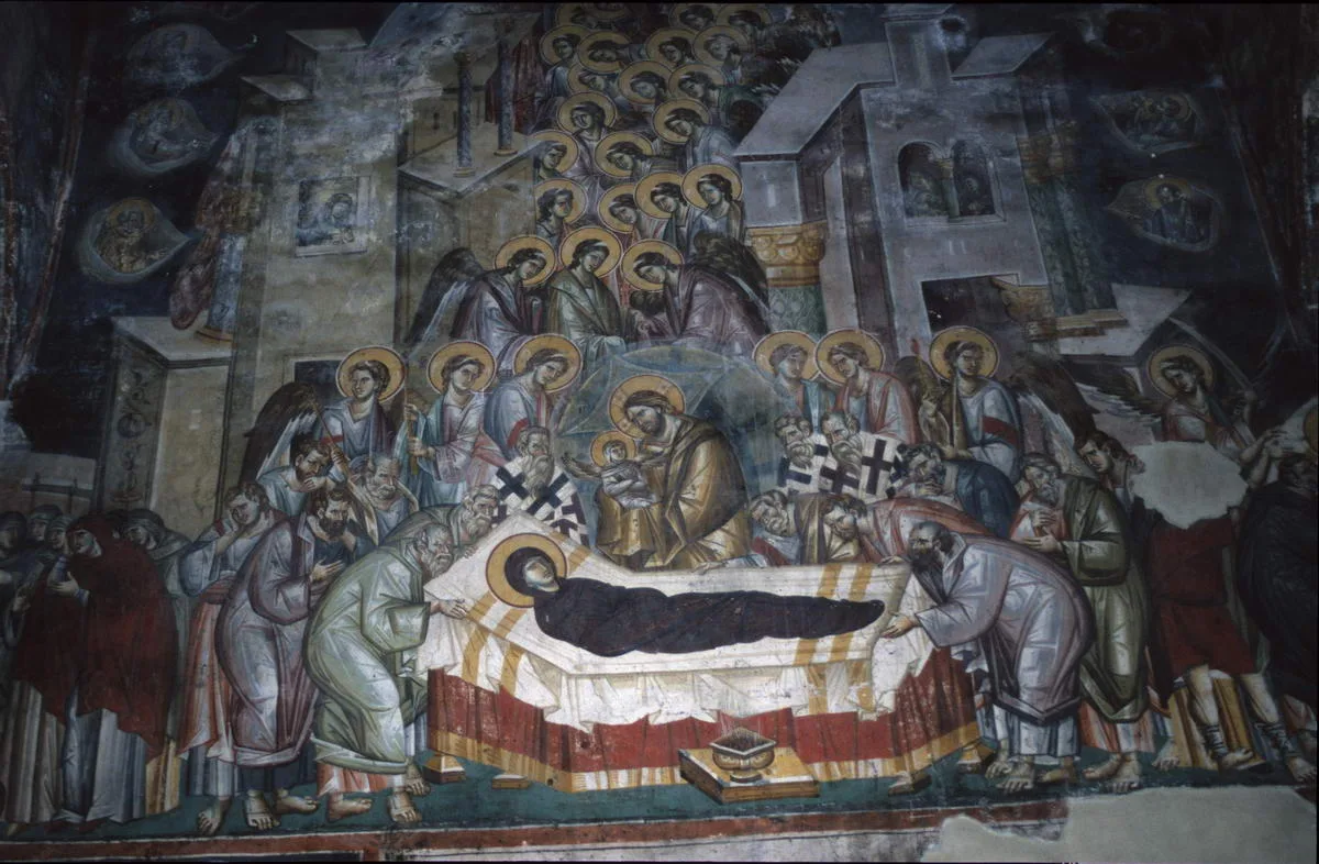 Large fresco of the Dormition with apostles and bishops gathered around the Virgin's bier