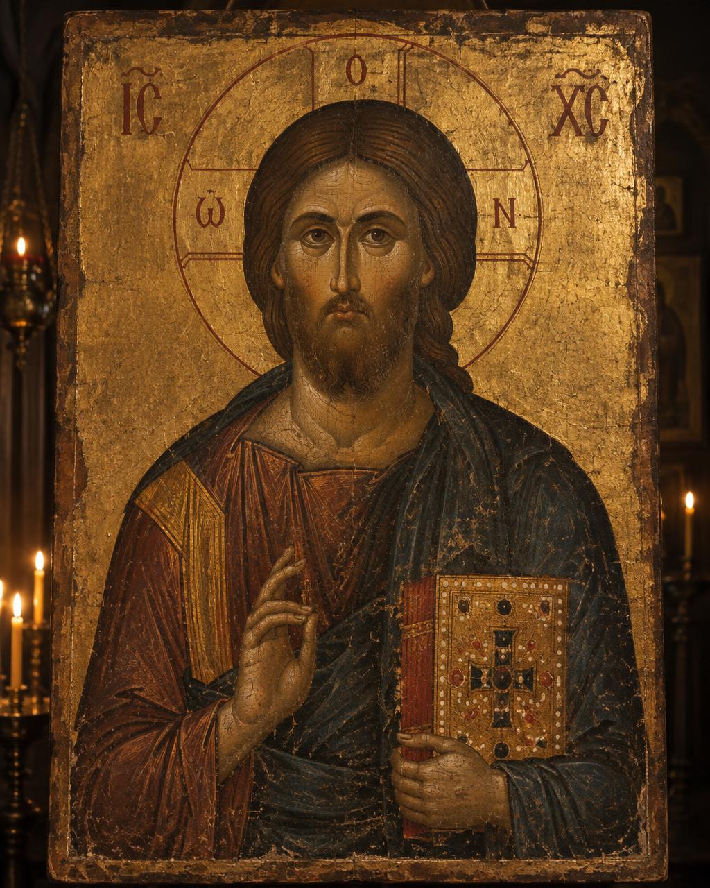 Hand-painted icon of Christ Pantocrator on a gold leaf background